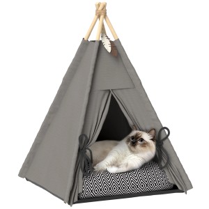 Graues PawHut Katzenzelt im Tipi-Design mit Katze auf gemustertem Kissen.