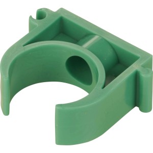 Grüner PPR-Rohrclip DN 32 aus Kunststoff zur Rohrbefestigung im Sanitärbereich.