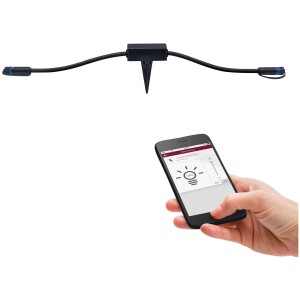 Paulmann Plug & Shine Zigbee Controller mit Erdspieß und Smartphone-Steuerung für Außenbeleuchtung.