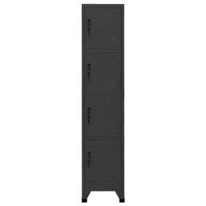 Anthrazitfarbener Schließfachschrank aus Stahl mit vier abschließbaren Fächern.