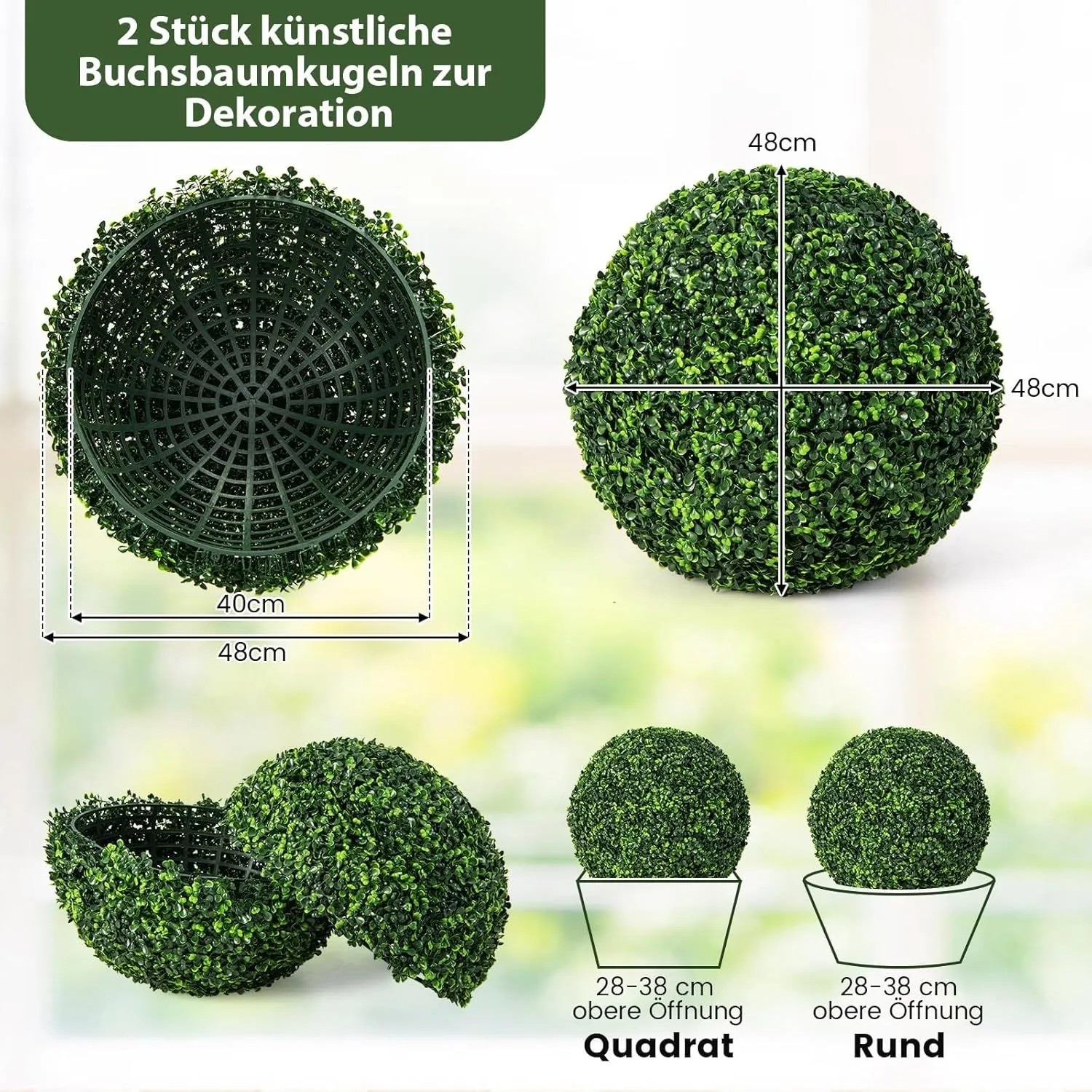 2er Set Costway Buchsbaumkugel, dunkelgrün, 48cm, für Haus, Garten, Hochzeit. Kunstpflanzen Deko.