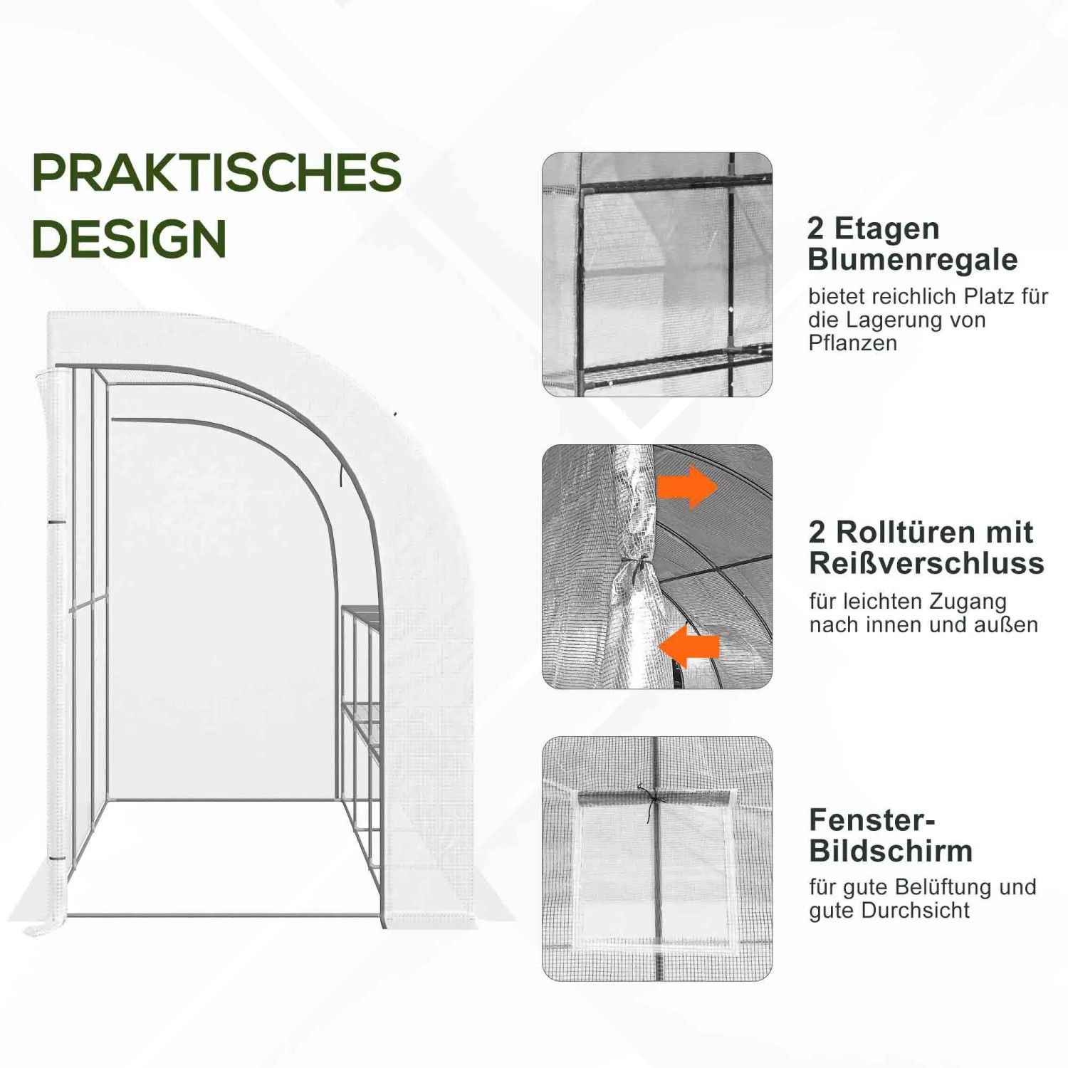 Weißes Furnicato Gewächshaus mit 3 Etagen und Rollüren. Gartengewächshaus für Pflanzen.