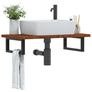 vidaXL Waschtischplatte mit Eiche Massivholz, schwarze Stahlhalterung und weißes Aufsatzwaschbecken.