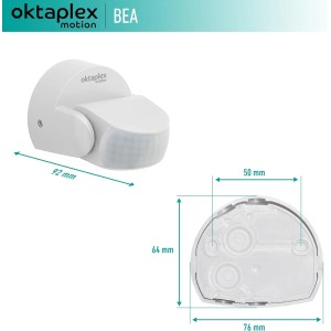 Oktaplex Bewegungsmelder für Außen, IP65, 180° schwenkbar, 12m Reichweite, weiß, mit Maßangaben.