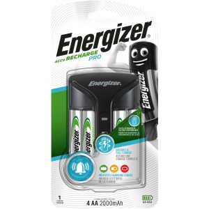 Energizer Akku-Ladegerät Pro mit 4 AA 2000 mAh Akkus im Lieferumfang.