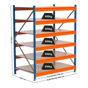 PROREGAL Industrie Weitspannregal Lagerregal MAXIMUS PRO Grundregal HxBxT 200x150x100cm 6 Spanplatten-Fachboden Fachlast 850kg Blau/Orange