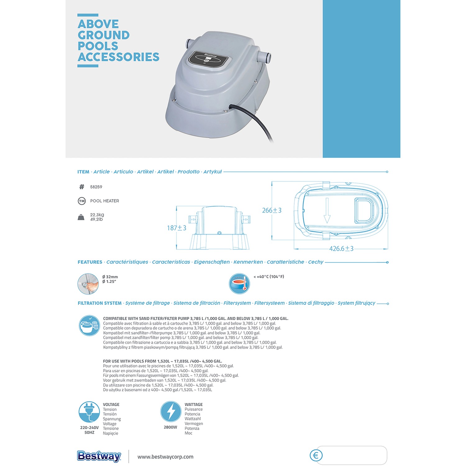 Bestway Pool Heizgerät für Pools bis 17.035 l, zur einfachen Integration ins Poolsystem.