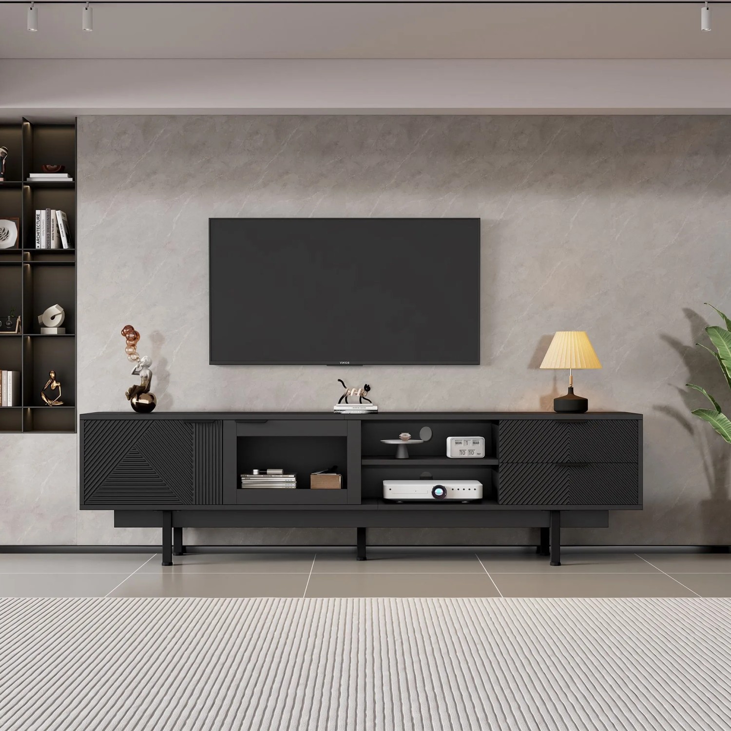 Merax TV Lowboard 200x40x50 cm 2 Türen 2 Schubladen Für 80 Zoll TV Schwarz