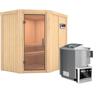 Karibu Sauna Cleo mit Bio-Ofen und externer Steuerung Easy, Massivholzsauna mit Glastür.