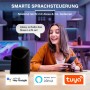 Frau steuert MegaLight Smart LED Strip 5m RGB per Sprachbefehl an Alexa, Raum in blauem Licht. Tuya kompatibel.