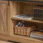 Detailansicht: SoBuy Sideboard FSB60-BR in Braun mit Regalen, Korb und Deko.