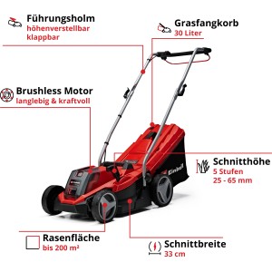 Einhell Akku-Rasenmäher GE-CM 18/33 Li mit Fangkorb, Akku und Ladegerät. Ideal für kleine Gärten.