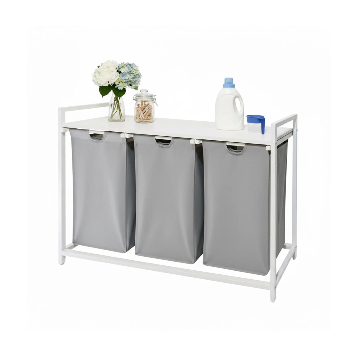 Relaxdays Wäschesammler Metall Weiß 3 Fächer mit Ablage 73,5 cm x 109,5 cm x 33 cm