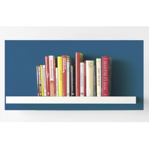Regal mit Farbdose-passender Wandfarbe "Cool Blue" und Kochbüchern.