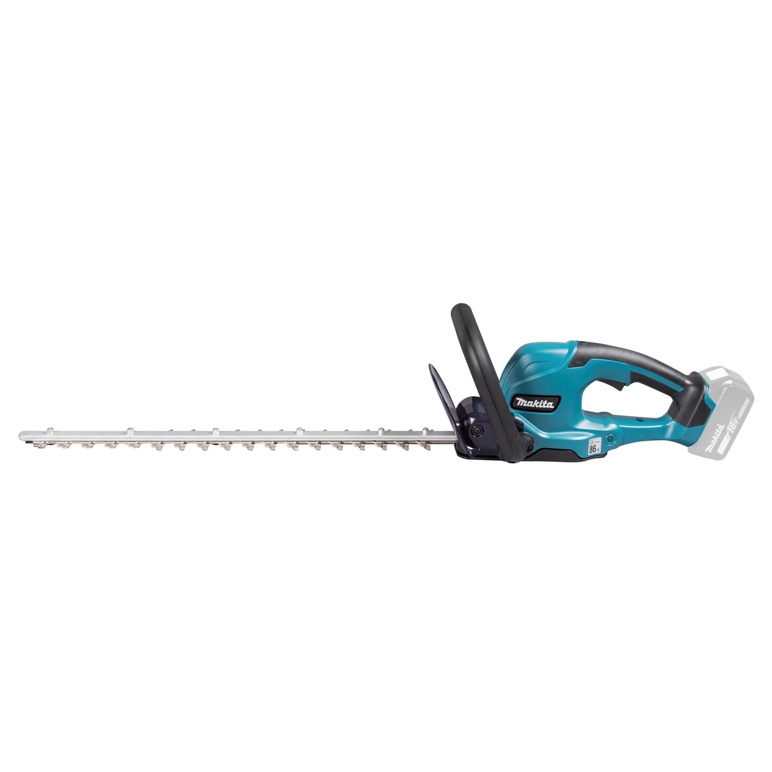 Makita Akku-Heckenschere, blau-schwarz, mit langem Schneideblatt für präzise Heckenschnitte.