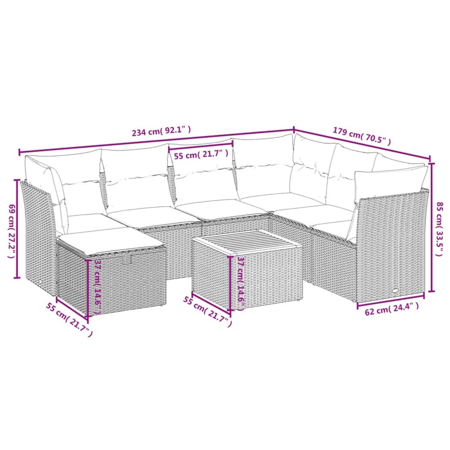 vidaXL Garten-Sofagarnitur, 8-teilig, schwarz, Poly Rattan. Gartenmöbel Set mit Tisch, Sofas, Hockern und Kissen.