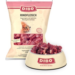 Dibo Katzen-Barf Rindfleisch, 500g Packung und Schale mit Frostfutter.