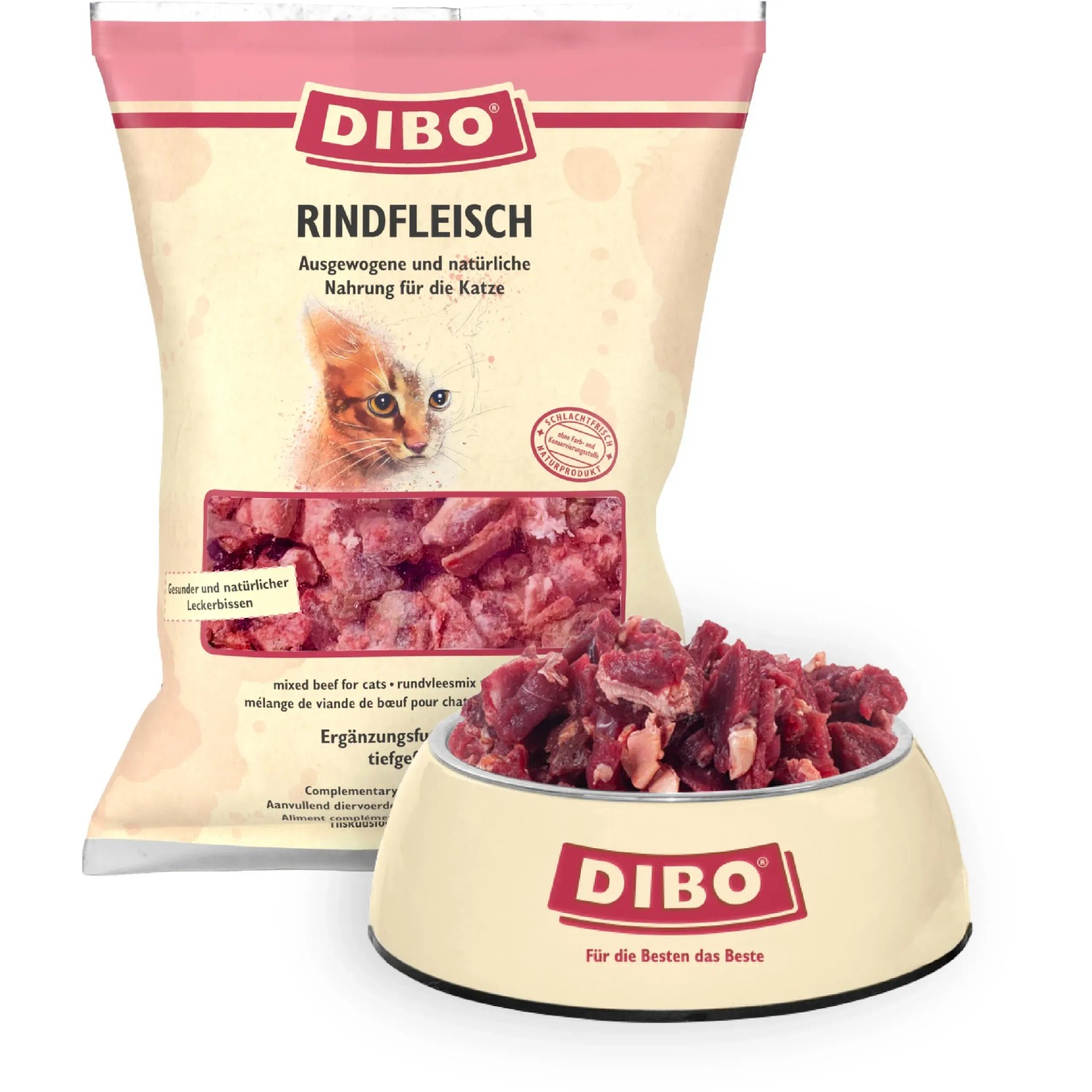 Dibo Katzen-Barf Rindfleisch, 500g Packung und Schale mit Frostfutter.