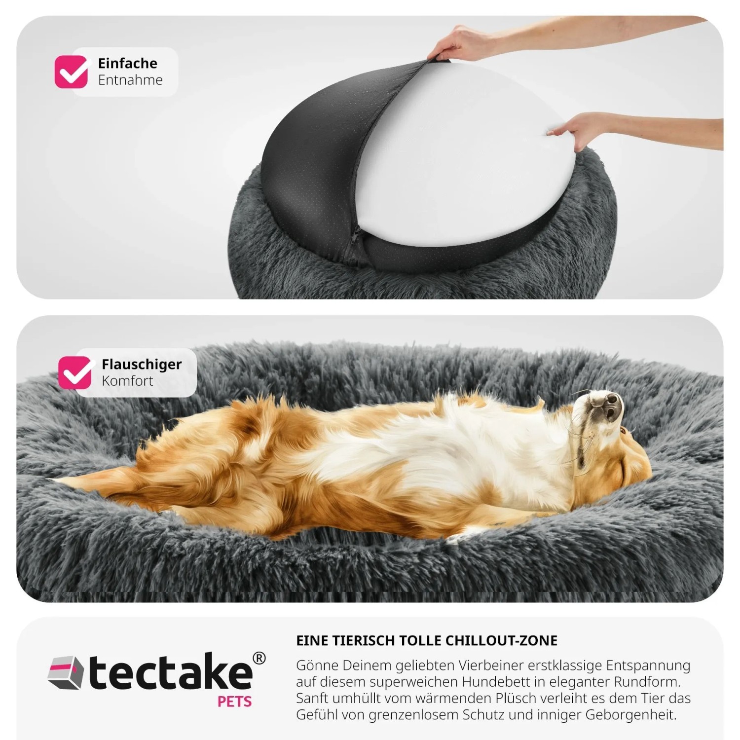 Graues, rundes Tectake Hundebett Maja mit Plüsch und hohem Rand.