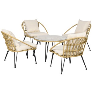 Outsunny Rattan Gartenmöbel-Set, 5-teilig mit Tisch und 4 Stühlen mit beigen Kissen.