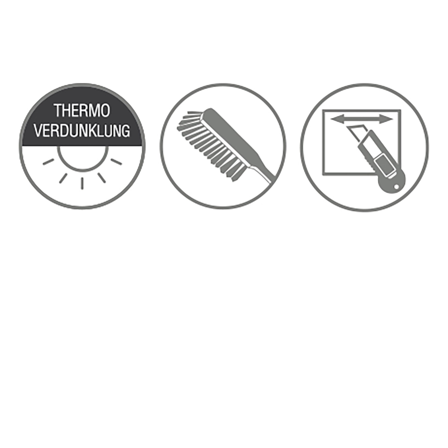 Piktogramme für Verdunkelung, Reinigung und Zuschnitt des Gardinia Thermo Rollos.