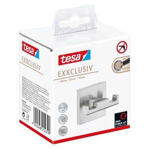 Tesa Doppelhaken Exxclusiv in Edelstahloptik, zur Wandmontage ohne Bohren, Handtuchhalter.