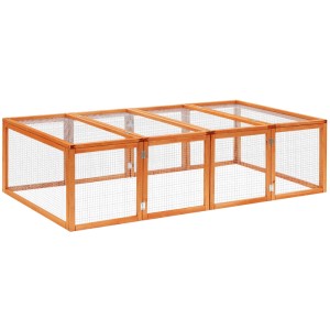 PawHut Freilaufgehege aus hellem Tannenholz mit Gitter und aufklappbaren Deckeln für Kleintiere.