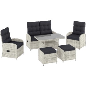 6-teiliges Lounge-Set Kalgan mit Esstisch, Wicker Eisgrau/Anthrazit, für Garten oder Terrasse.