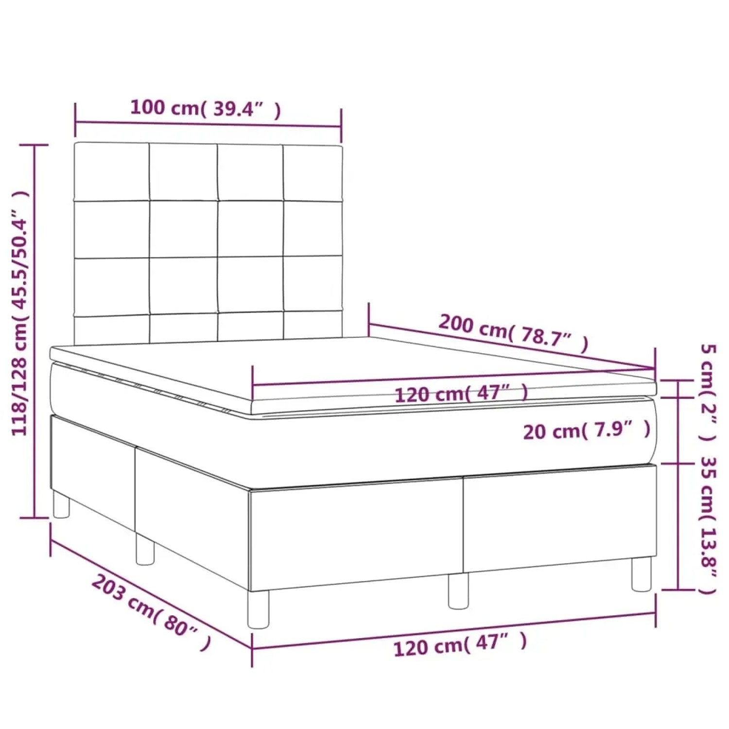 vidaXL Boxspringbett dunkelblau 120x200 cm mit Matratze und Kopfteil, Maßeinteichnung.