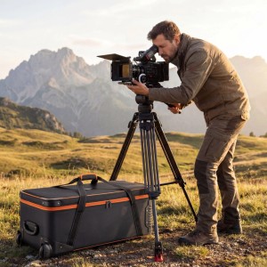 Walimex Pro Trolley Studiotasche M, schwarz-orange, mit Rollen. Fotograf transportiert Kameraausrüstung in Berglandschaft.
