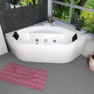 Weiße AcquaVapore Eck-Badewanne 140x140 mit Farblicht und Nackenkissen.