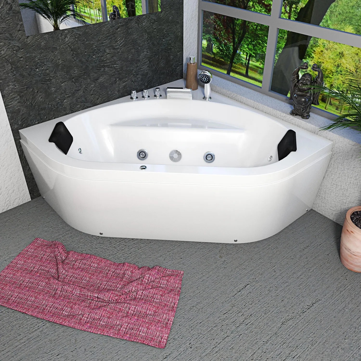Weiße AcquaVapore Eck-Badewanne 140x140 mit Farblicht und Nackenkissen.