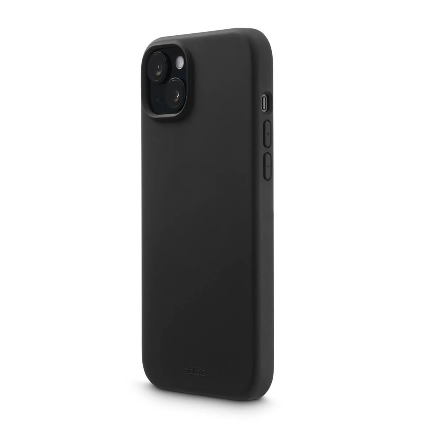 Schwarze Hama MagCase Handyhülle für Apple iPhone 15 mit matter Oberfläche, Kameraausschnitt und bedeckten Tasten.