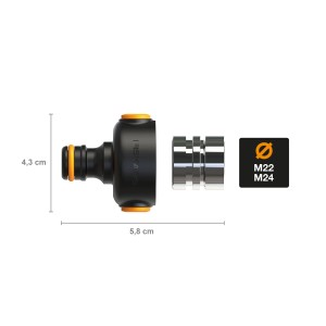 Fiskars Hahnverbinder 2er-Set für Innenräume, schwarz-orange, mit M22/M24 Adaptern.