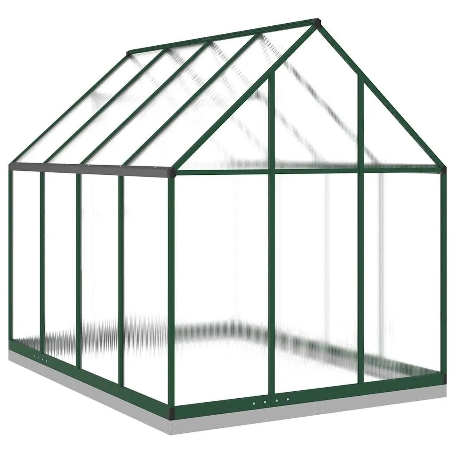 Grünes vidaXL Gewächshaus aus Aluminium mit transparenten Polycarbonatplatten und Fundamentrahmen für Pflanzen.