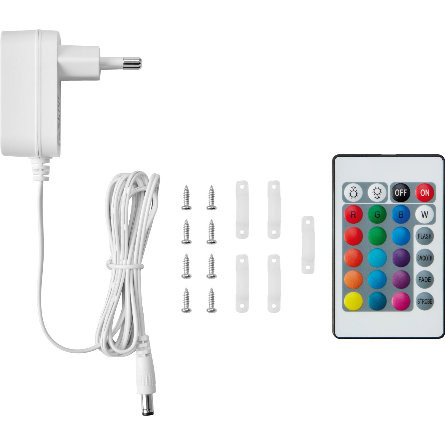 Zubehör für LED-Flexband RGB: Netzteil, Fernbedienung, Schrauben und Halterungen.