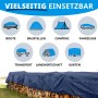 Blaue Karat Abdeckplane 10x12m zum Schutz von Holz, mit Icons für vielseitige Nutzung.
