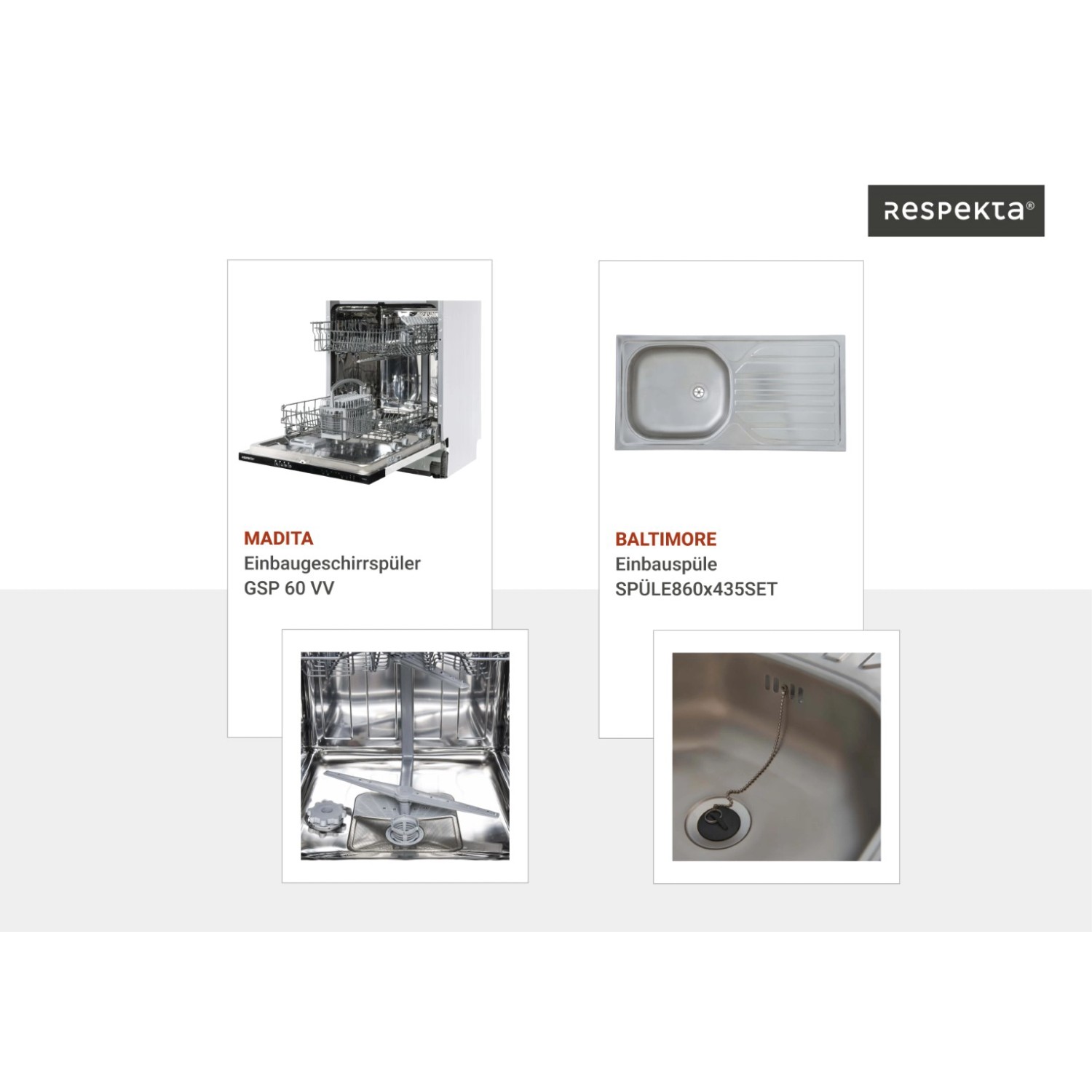 Respekta Winkelküche Hilde, grau, mit Kücheninsel, inklusive Einbaugeräten wie Geschirrspüler und Spüle.