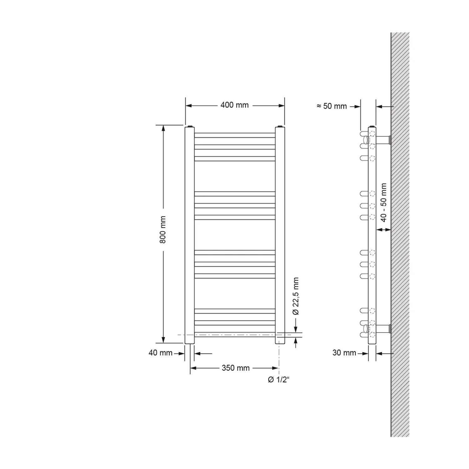 Technische Zeichnung: Weißer, gebogener LuxeBath Badheizkörper Sahara, 400x800 mm, Seitenanschluss.