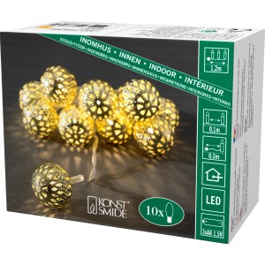 Konstsmide LED-Lichterkette mit 10 goldfarbenen Metallbällen für den Innenbereich.
