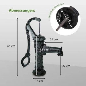 Abmessungen der TRUTZHOLM Antik Schwengelpumpe Gartenpumpe aus Gusseisen, mit Maßangaben.