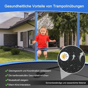 Kind springt auf blauem Costway Outdoor Trampolin mit Sicherheitsnetz im Garten. Robustes, wetterbeständiges Gartentrampolin.
