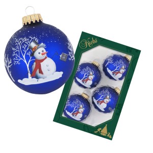 4er-Set blaue Weihnachtskugeln von Krebs Glas Lauscha mit Schneemann-Motiv, 7 cm.