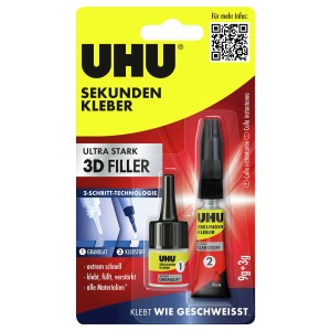 Uhu Sekundenkleber 3D Filler, 2-Komponenten-Kleber zum Füllen, Verstärken und Kleben verschiedener Materialien.
