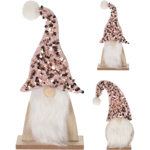 Niedlicher Deko Wichtel mit rosa Paillettenmütze und Holzfuß, 24 cm hoch, für weihnachtliche Dekoration.