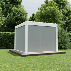 Ximax Seitenmarkise, weiße Aluminium Pergola mit grauem Sichtschutz im Garten.