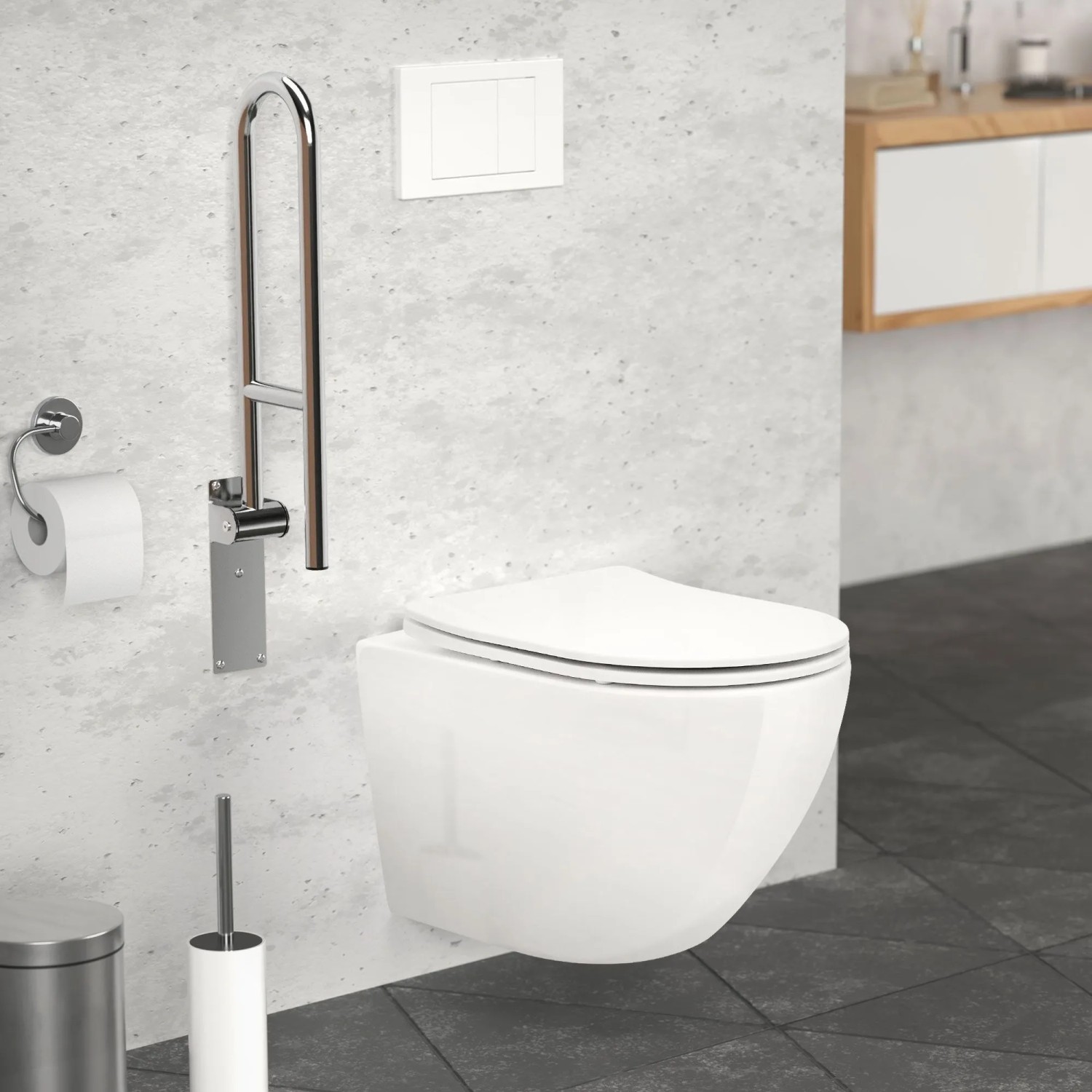 Klappbarer WC Haltegriff aus glänzendem Edelstahl neben einem WC, bietet Sicherheit und Unterstützung im Bad.