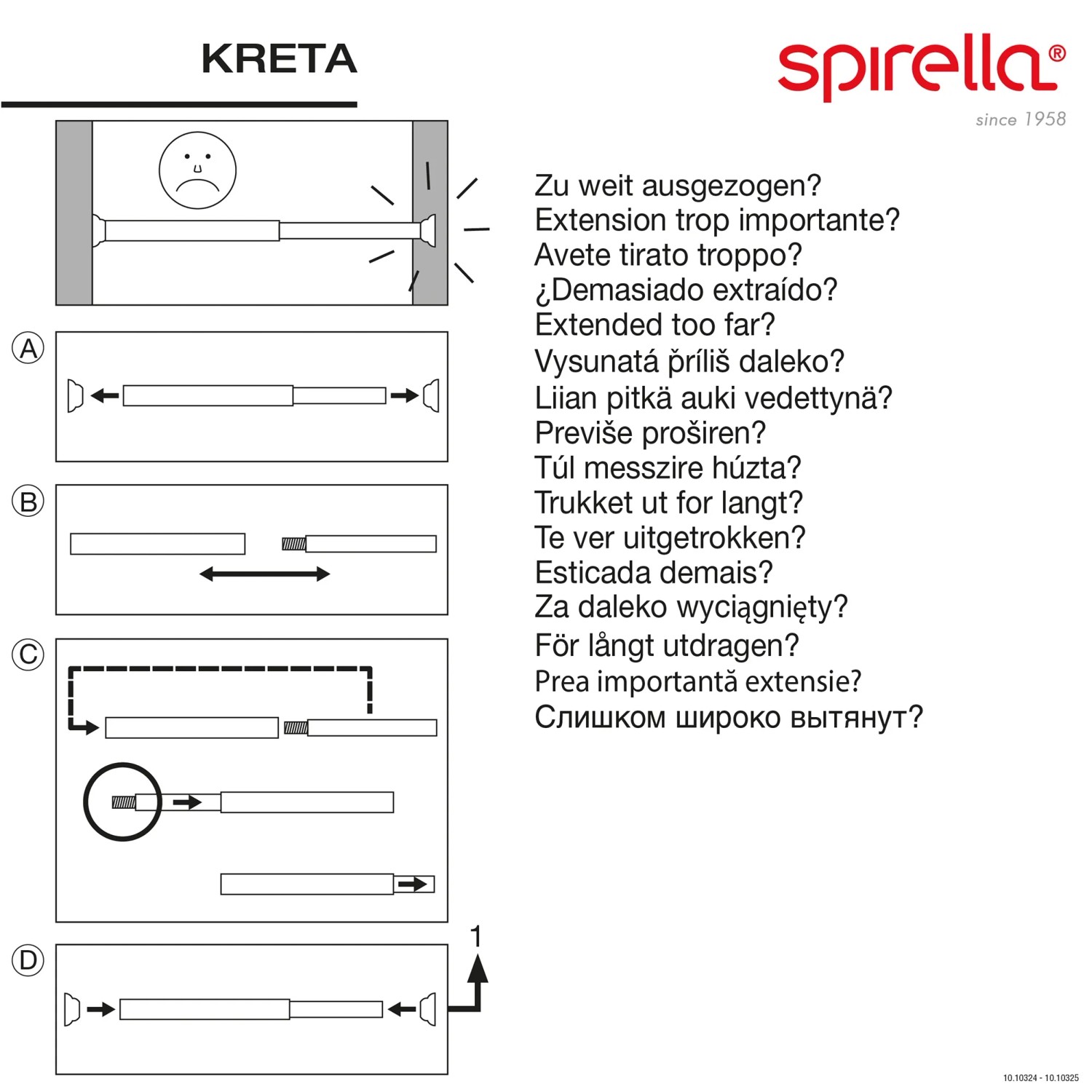 Montageanleitung für Spirella Duschstange Kreta, verstellbar von 75-125 cm, weiße Aluminium Duschstange.