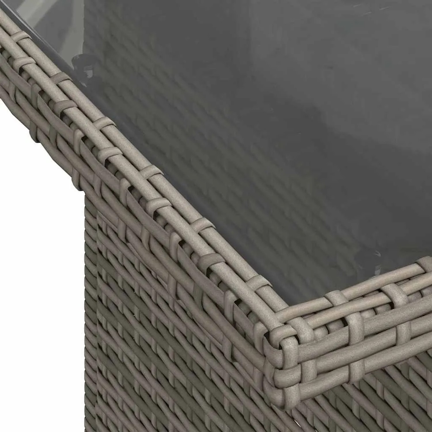 Detailansicht: Graues vidaXL Garten-Sofa-Set aus Rattan mit Glasplatte.