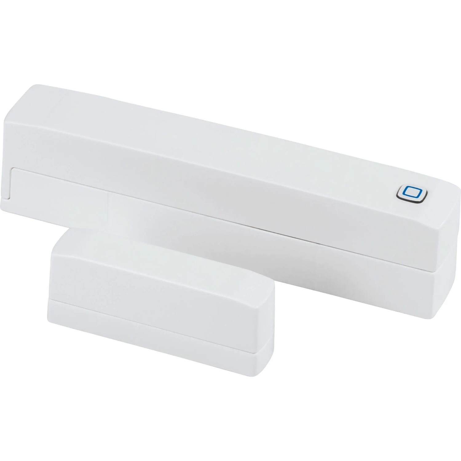 Homematic IP Fenster- und Türkontakt, weiß. Zwei rechteckige Teile für Smart Home und Hausautomation.